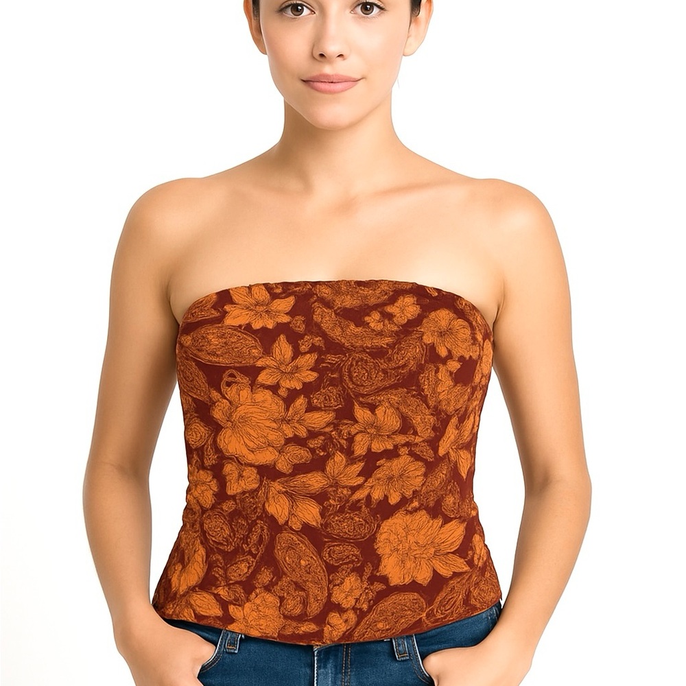 (A7) NEW Free People Orange Paisley Strapless Ruched Top, Size XS, NWOT